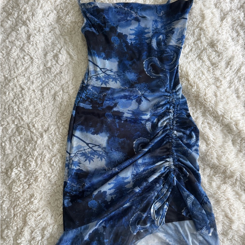 PrettyLittleThing Blue Ruched Bodycon Dress